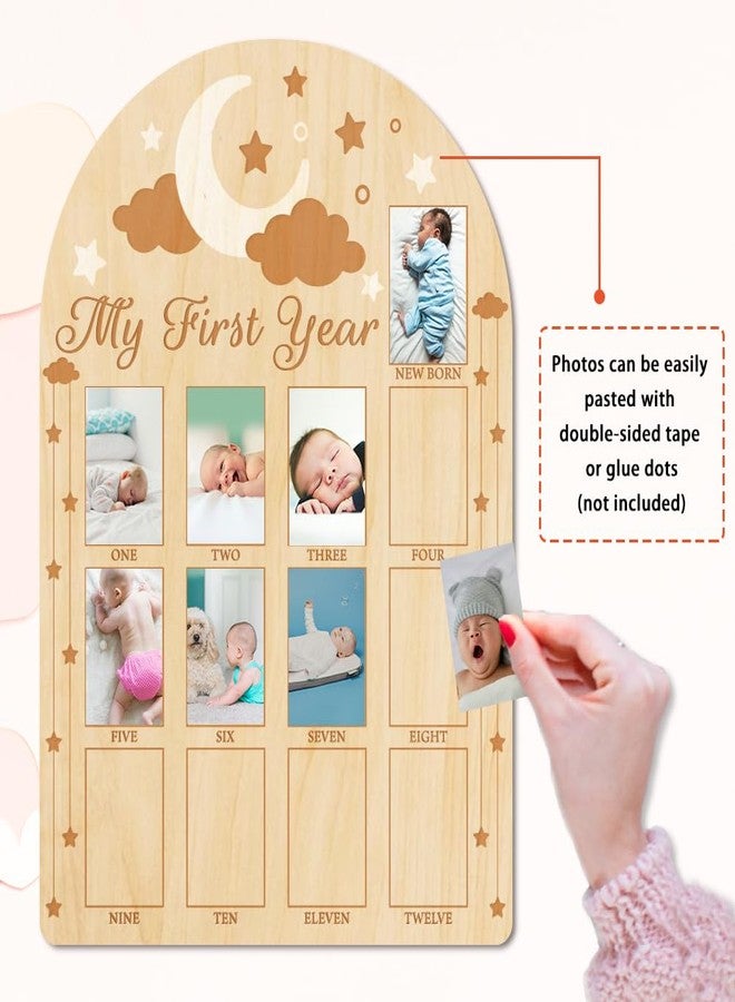 ORIGACH My First Year Baby Growth Photo Display Wood Board - 12 Months Newborn Milestones Photo Board - Neutral Baby Keepsake Frame 1st Birthday Party Nursery Decor New Mom Gift - Moon Star & Cloud - Image 3